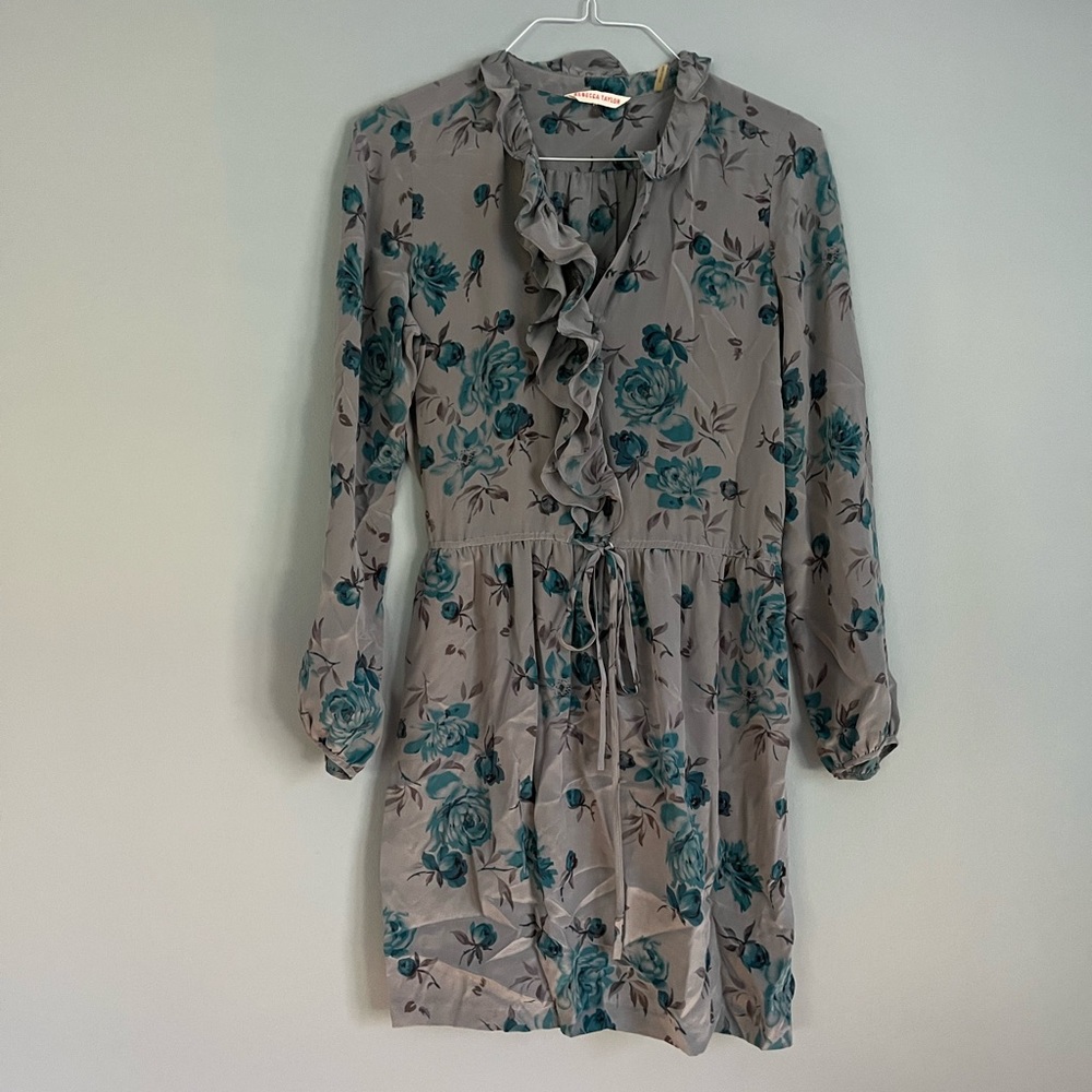 Rebecca Taylor size 8 blue rose silk long sleeve dress